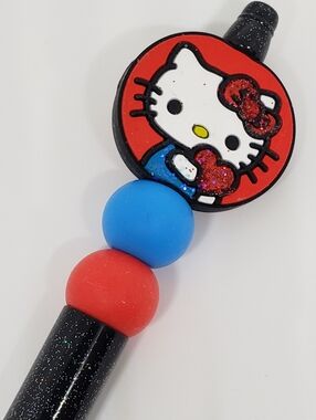 Handmade Red Blue Hello Kitty Glitter Beaded Silicone Focal Bead Pen